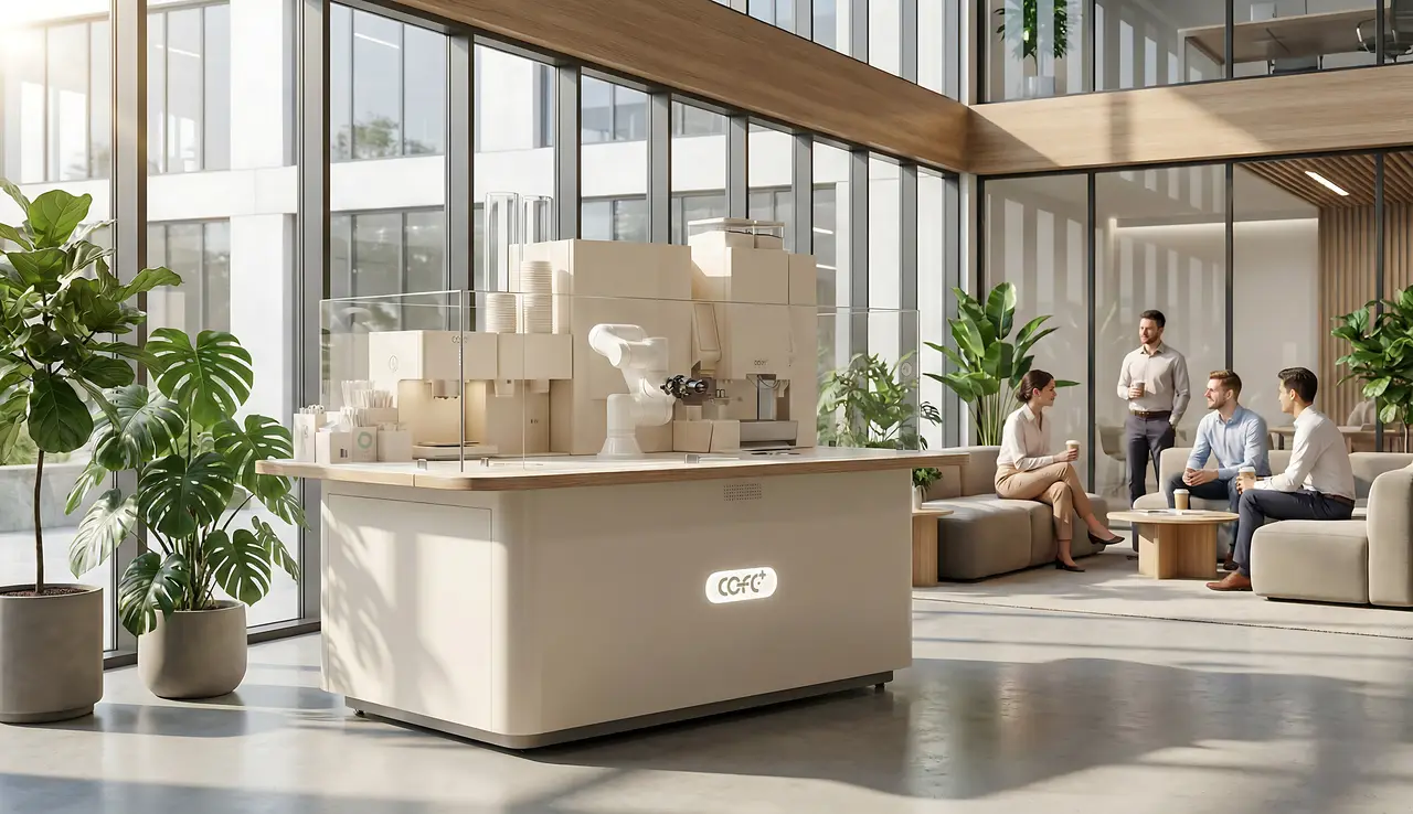 Coffee kiosk integrated into premium hotel lobby